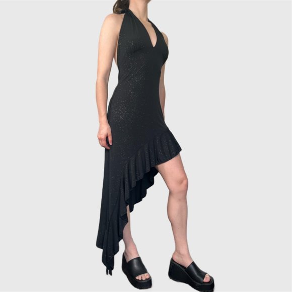 Vintage Y2K Halter Dress, 00s Black Sparkly Sexy Asymmetrical Formal Dress - Picture 4 of 10